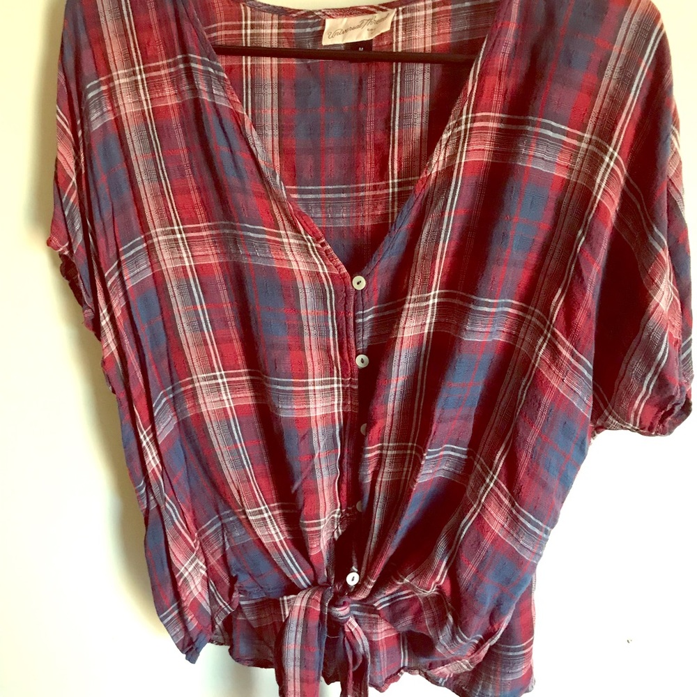 Plaid button down tie front shirt